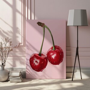 Cherry Canvas Art Print, Retro Fruit Wall Art, Vintage Kitchen Decor, Red Aesthetic Oil Painting, Farmhouse Dining Room Wall Art