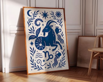 Impresión del zodiaco Capricornio: Póster de arte popular astrológico azul real