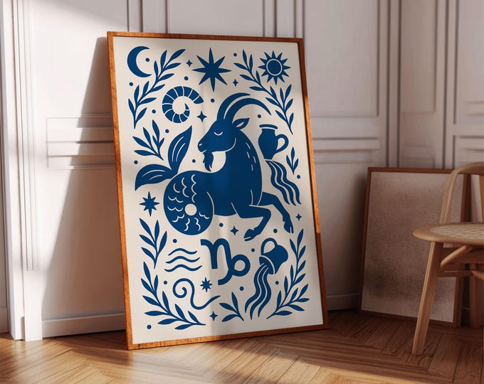Capricorn Zodiac Print: Royal Blue Astrology Folk Art Poster