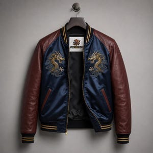 Op de afbeelding: Een marineblauw satijnen bomberjack met donkerbruine leren mouwen. Op de borst staan gouden geborduurde drakenmotieven en blauwe wolken. Het heeft een zwarte geribbelde kraag, boorden en zoom met gouden strepen, een ritssluiting en een label met de tekst Popular Leather Studio.