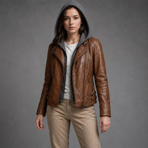 Op de afbeelding: Een bruine leren motorjas met een asymmetrische rits, gespen aan de zijkant en een grijze hoodie als onderlaag. De jas wordt gedragen over een effen wit t-shirt en gecombineerd met een lichtbruine broek voor een gelaagde uitstraling.