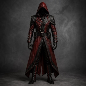 May include: A long, hooded coat in deep red and black, featuring quilted shoulder panels, a buckled waist belt with attached utility pouches, a silver chain detail, and long sleeves with buckled cuffs, paired with matching black trousers and boots.