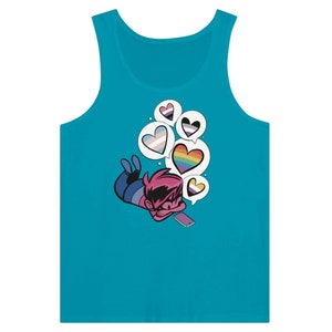 May include: A turquoise tank top featuring a cartoon character lying down and looking at a phone. The character has pink hair and is surrounded by speech bubbles with heart shapes in various pride flag colors. The tank top is a solid turquoise color.