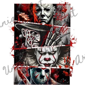 May include: A digital illustration of four horror movie characters. The top image is of Michael Myers from Halloween. The second image is of Freddy Krueger from A Nightmare on Elm Street. The third image is of Pennywise the Dancing Clown from IT. The bottom image is of Jason Voorhees from Friday the 13th.