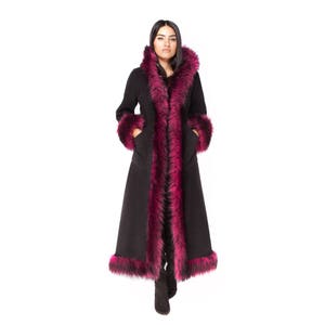 Baroness Black Fleece and Magenta Faux Fur Trim Coat, Festival Coat, Festival Clothing