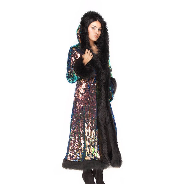 Baroness Deep Sea Rainbow Sequin Coat with Black Faux Fur Coat, Festival Coat, Festival Clothing, Unisex Clothing