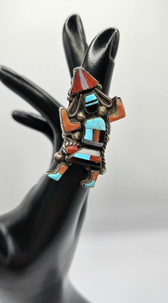 Signed Vintage Sterling Silver Zuni Inlayed Stone Rainbow Man Ring