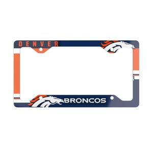 May include: A license plate frame featuring the Denver Broncos logo and team colors. The frame is navy blue with orange and white accents. The word "DENVER" is at the top, and "BRONCOS" is at the bottom.