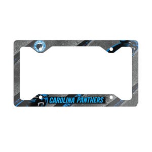 May include: A rectangular license plate frame with a grey, textured background and blue accents. The frame features the words "CAROLINA PANTHERS" in blue and the team logo. The frame is designed to fit a standard UK license plate.