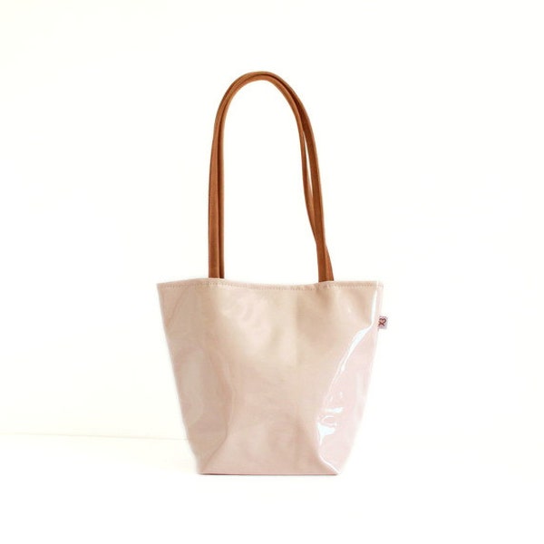 Pink Tote Bag , Pale Pink Faux patent leather shopper bag with leather handles