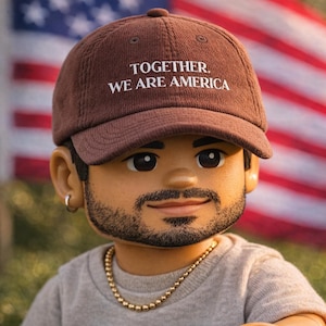 May include: A doll wearing a brown baseball cap with the text "TOGETHER, WE ARE AMERICA." The doll is wearing a grey t-shirt and a gold necklace. An American flag is in the background.