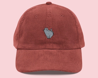 Embroidered Tabby Cat Corduroy Cap | Vintage Baseball Hat I Cat Lover Gift