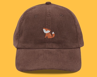 Embroidered Fox Corduroy Cap | Vintage Style Baseball Hat I  Animal  Lover Gift