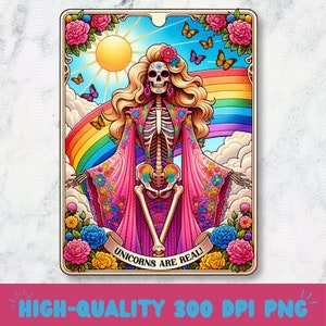 Einhörner gibt es wirklich! Tarotkarte PNG, LGBTQ + Skeleton Sublimation, Ziehen Sie Königin Tarotkartendesign, Gay Festival Sublimationsdesign, lustiges Tarot