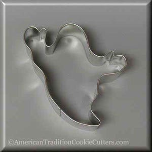 May include: A silver metal cookie cutter shaped like a ghost. The cookie cutter is designed to cut out ghost shapes from cookie dough.