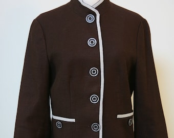 Chocolate Brown and White Stand Up Collar Blazer Size 8, Ladies Dressy Blazer, Work Attire, Brown Blazer