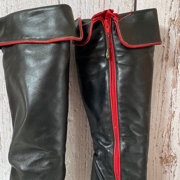 Ladies Zodiac Black and Red 6.5M Leather Knee High Cuff Boots, Circa 1990’s