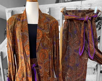 Size Small Three Piece Burnt Siena and Purple Jacket, Skirt and Pants Set, 1990’s Clothing