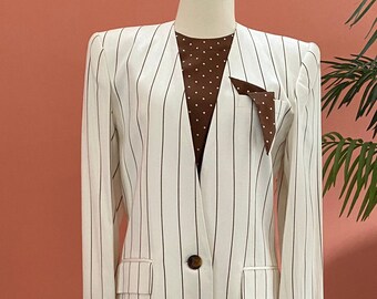 Ladies Size 6 Striped Cream and Brown Three Piece Suit Circa 1980’s