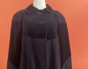 Size 4 Black Velour Trimmed Wool Swing Overcoat, Circa 1990’s