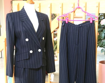 Ladies Three Piece Navy Blue and White Pin Striped Suit, Size 4 Petite Double Breasted Suit, 1990's Work Attire, Pant and Skirt Suit