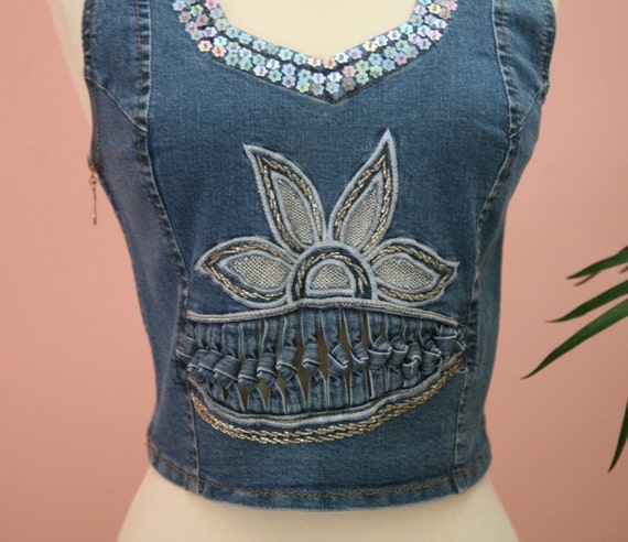 Sequined Embellished Short Denim Vest With Side Z… - image 2