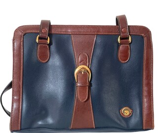 Navy Blue and Brown Faux Leather Handbag