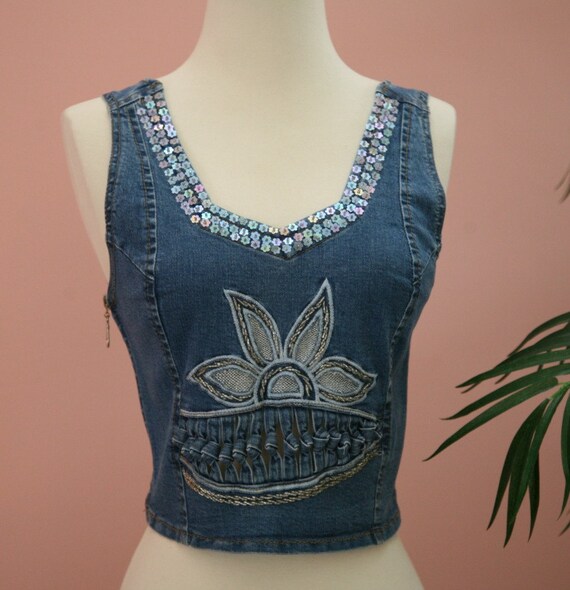 Sequined Embellished Short Denim Vest With Side Z… - image 1