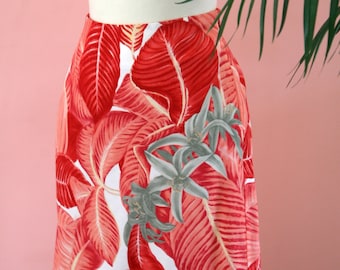 Red, Coral, White and Gray Tropical Print Fully Lined Skirt Size 6, Floral Skirt, Red Skirt, Summer Skirt, Tropical Attire, Ladies Skirt