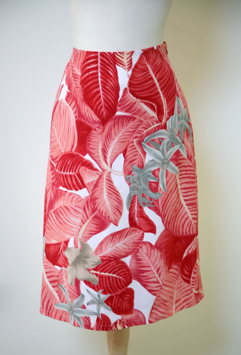 Red Coral White and Gray Tropical Print Fully Lined Skirt - Etsy
