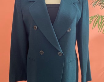 Jones New York Size 8 Petite Kelly Green Double Breasted Wool Blazer