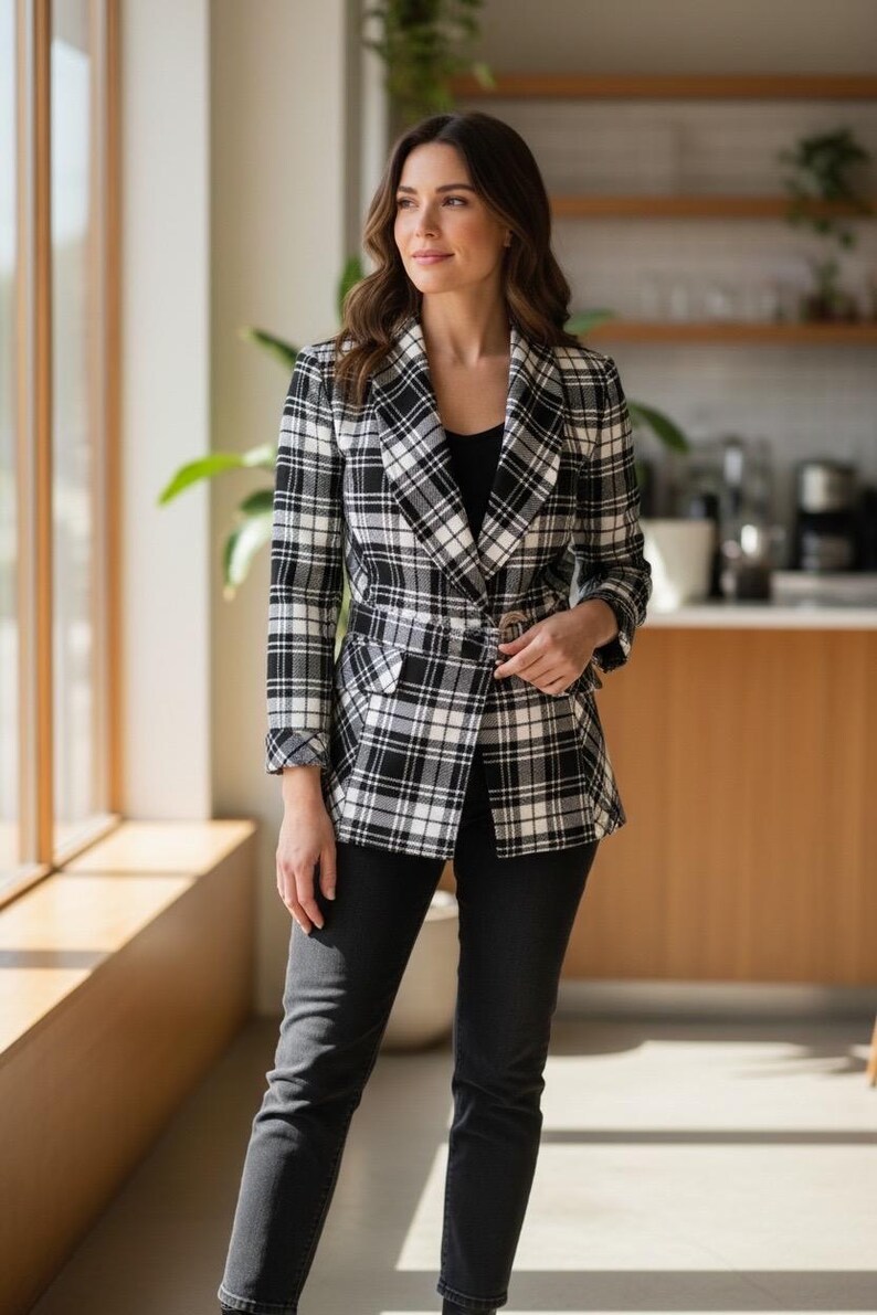 Peut inclure: Un blazer &agrave; carreaux noirs et blancs avec une taille ceintur&eacute;e. Le blazer est port&eacute; avec un pantalon noir. La tenue est un look classique et polyvalent. Le blazer a un col crant&eacute; et des manches longues.