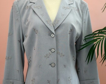 Ladies Light Silver Grey Blazer Embellished with Embroidered Flowers Size 12