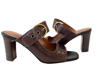 Anne Klein Size 6M Brass Buckle Chocolate Brown High Heel Sandals