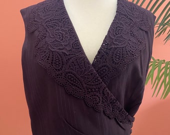 Ladies Size 8 Deep Burgundy Wine Striped Wrap Around Lace Collar Vest, Victorian Inspired Circa Late 70's Early 80's