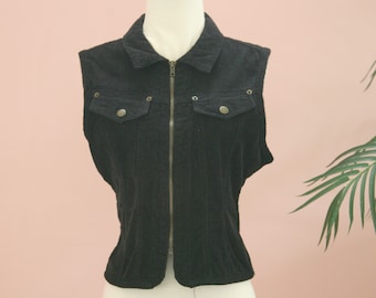 Ladies Black Corduroy Zip Up Vest, Size Small Vest, Black Vest, Winter Attire, 1990's Ladies Vest