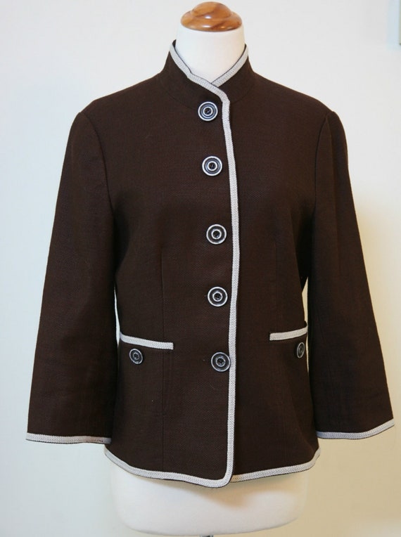Chocolate Brown and White Stand Up Collar Blazer S