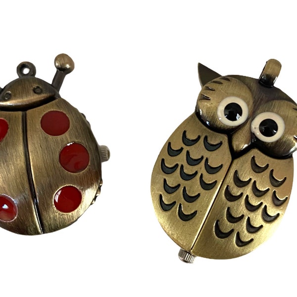 Antiqued Brass Owl Head Or Lady Bug Watch Face Pendant, Destash Jewelry Findings, Animal Pendants