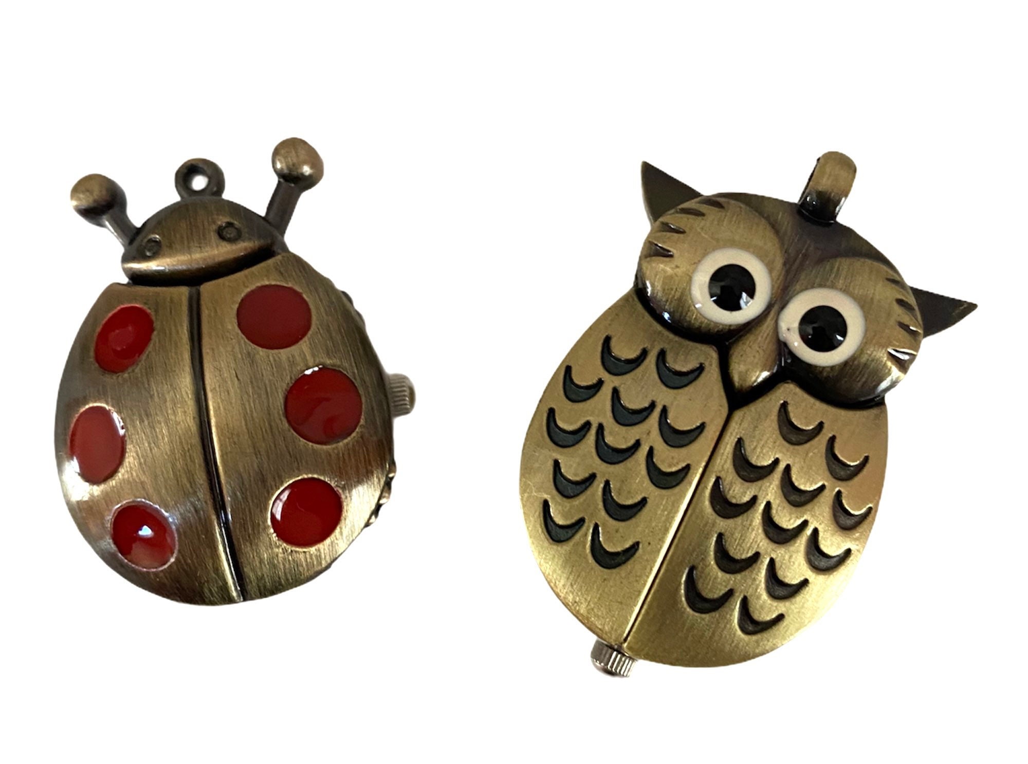 Antiqued Brass Owl Head Or Lady Bug Watch Face Pendant, Destash Jewelry Findings, Animal Pendants
