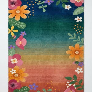 Hand Tufted Wool Rug, Colorful Floral Border, Boho Area Carpet