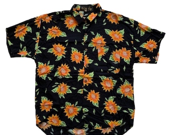 Vintage 1990s 90s Black / Orange Floral Print Hawaiian Aloha Tiki Shirt Mens Size L Large