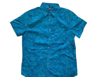 Vintage 2000s 00s Kenneth Cole Aqua Blue Floral Print Pearl Snap Hawaiian Aloha Shirt Mens S Small