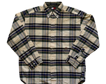 Vintage 1990s 90s Tommy Hilfiger Crest Logo Cream / Navy / Green Plaid Button Down Shirt Mens Size L Large