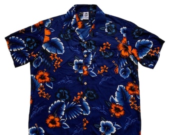 Vintage 1990s 90s Kennington Blue / Orange Hibiscus Print Hawaiian Aloha Shirt Mens Size XL Extra Large