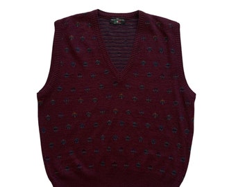 Vintage 1990s 90s Maroon Geometric Print Wool Sweater Vest Made in Italy Mens Size M Medium