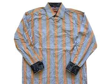Vintage 2000s 00s Flip Cuff Button Up Striped Dress Shirt Blue / Orange / Green Mens Size M Medium
