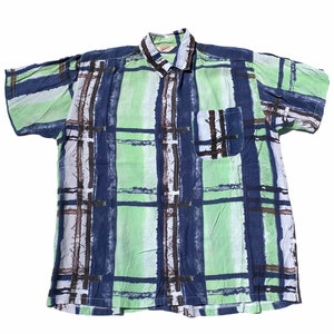 Vintage 1980s 80s Abstract Print Blue / Green / Black Button Up Shirt Mens Streetwear Size Medium