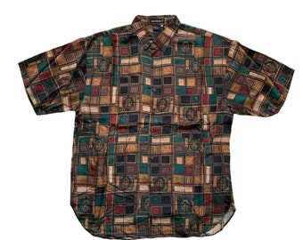 Vintage 1990s 90s Shades of Brown / Green Geometric Print 100% Silk Button Up Shirt Mens Size XL Extra Large