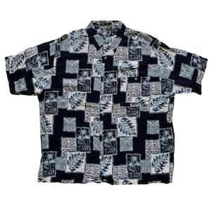 Vintage 1990s 90s Shades of Blue Rayon Hawaiian Aloha Shirt Mens Size XXL 2XL