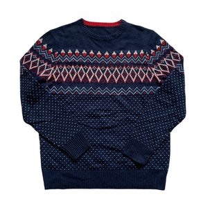 Vintage 1990s 90s Classic Nordic Print Navy Blue / Red / White Sweater Mens Size L Large